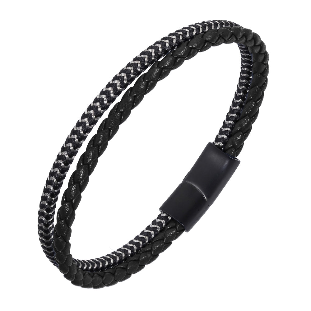 MBSS259 STAINLESS STEEL & SLIM BRAIDED LEATHER BRACELET