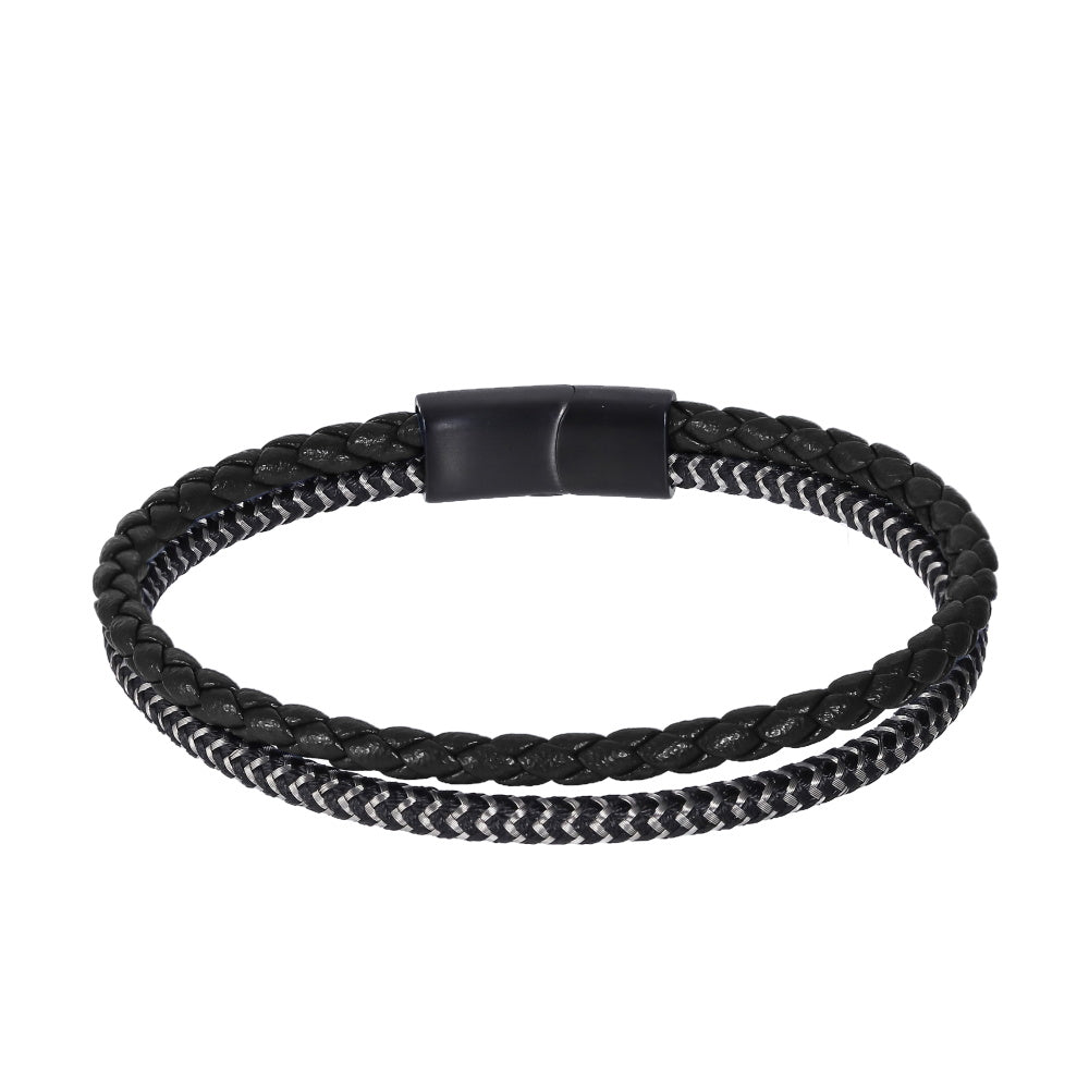 MBSS259 STAINLESS STEEL & SLIM BRAIDED LEATHER BRACELET