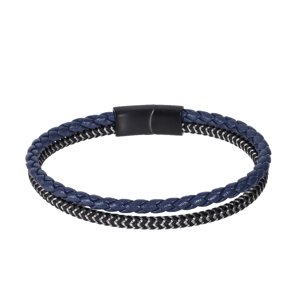 MBSS259 STAINLESS STEEL & SLIM BRAIDED LEATHER BRACELET