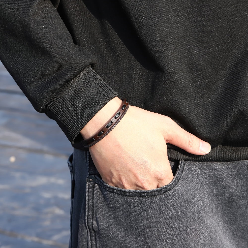 MBSS260 STAINLESS STEEL BRAIDED LEATHER BRACELET