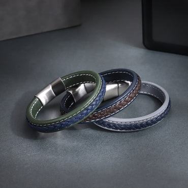 MBSS270 STAINLESS STEEL LEATHER BRACELET