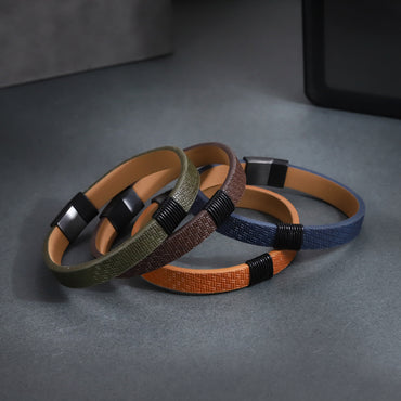 MBSS271 STAINLESS STEEL LEATHER BRACELET WITH PATTERN