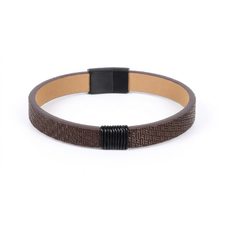 MBSS271 STAINLESS STEEL LEATHER BRACELET WITH PATTERN