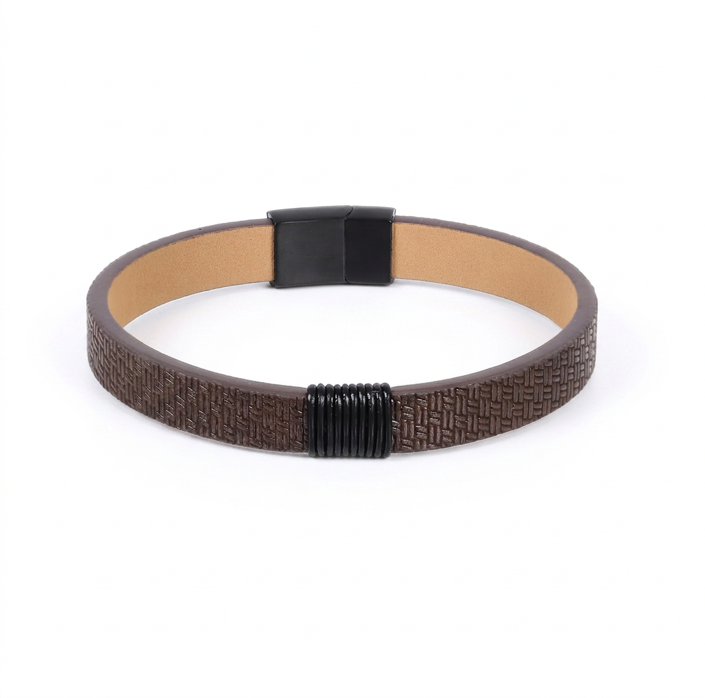 MBSS271 STAINLESS STEEL LEATHER BRACELET WITH PATTERN