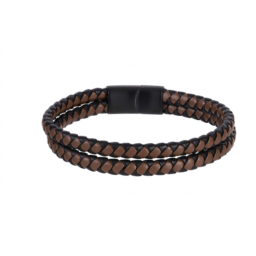 MBSS272 STAINLESS STEEL DOUBLE BRAIDED LEATHER BRACELET