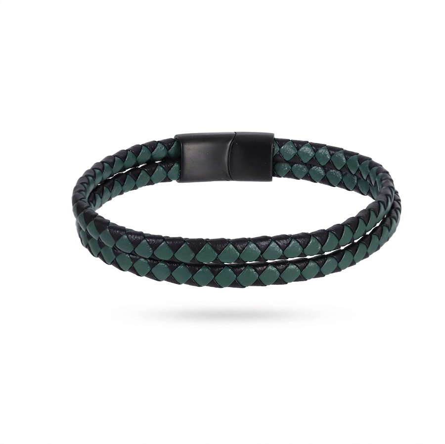 MBSS272 STAINLESS STEEL DOUBLE BRAIDED LEATHER BRACELET