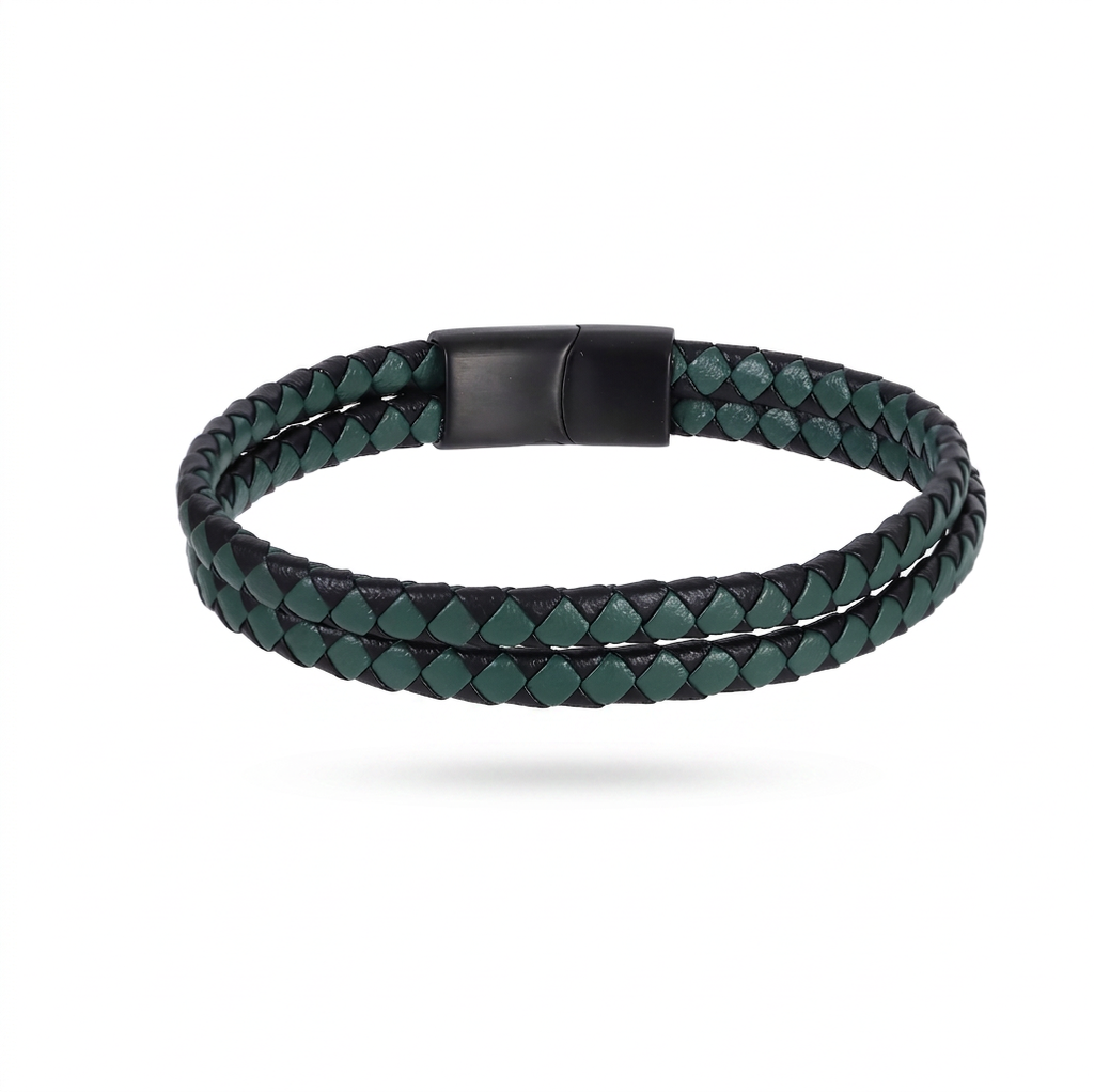 MBSS272 STAINLESS STEEL DOUBLE BRAIDED LEATHER BRACELET