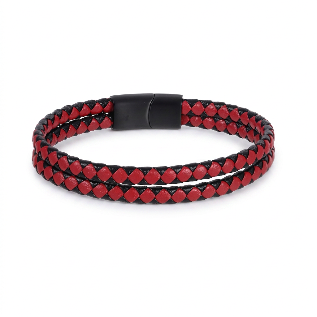 MBSS272 STAINLESS STEEL DOUBLE BRAIDED LEATHER BRACELET