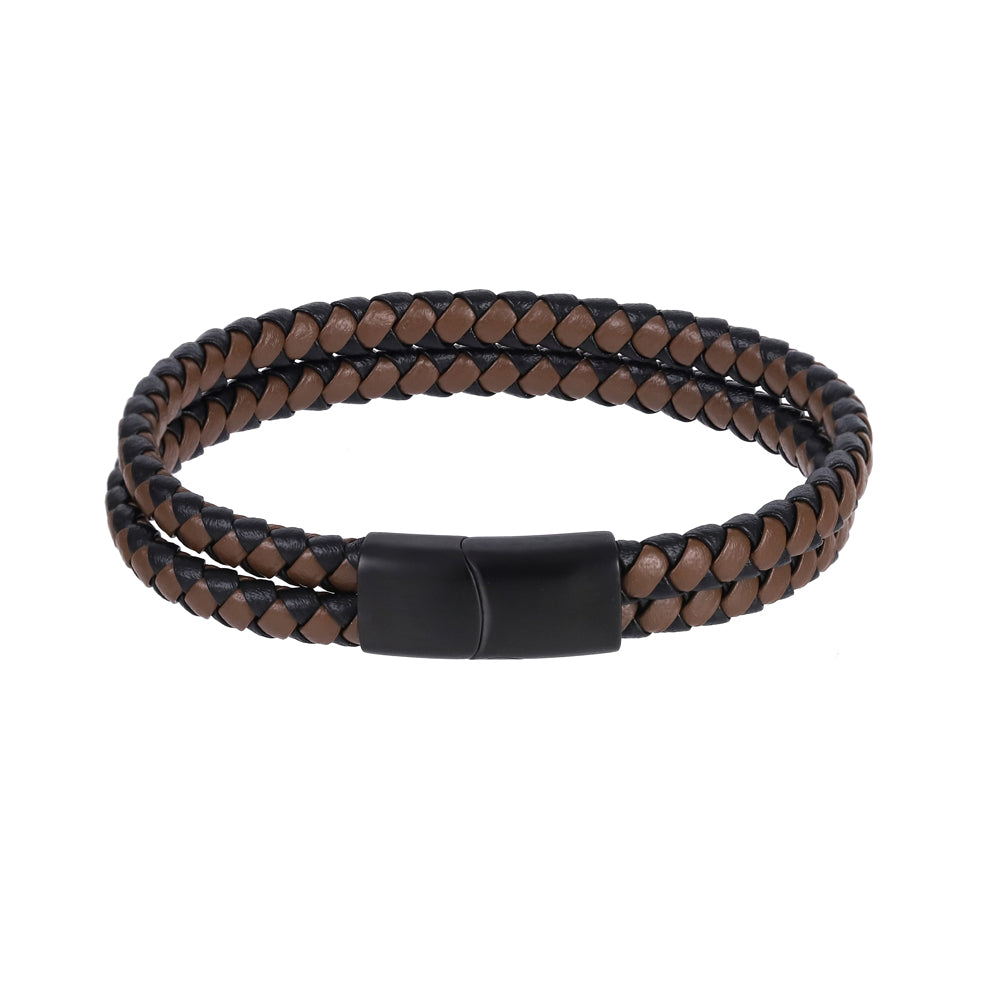 MBSS272 STAINLESS STEEL DOUBLE BRAIDED LEATHER BRACELET