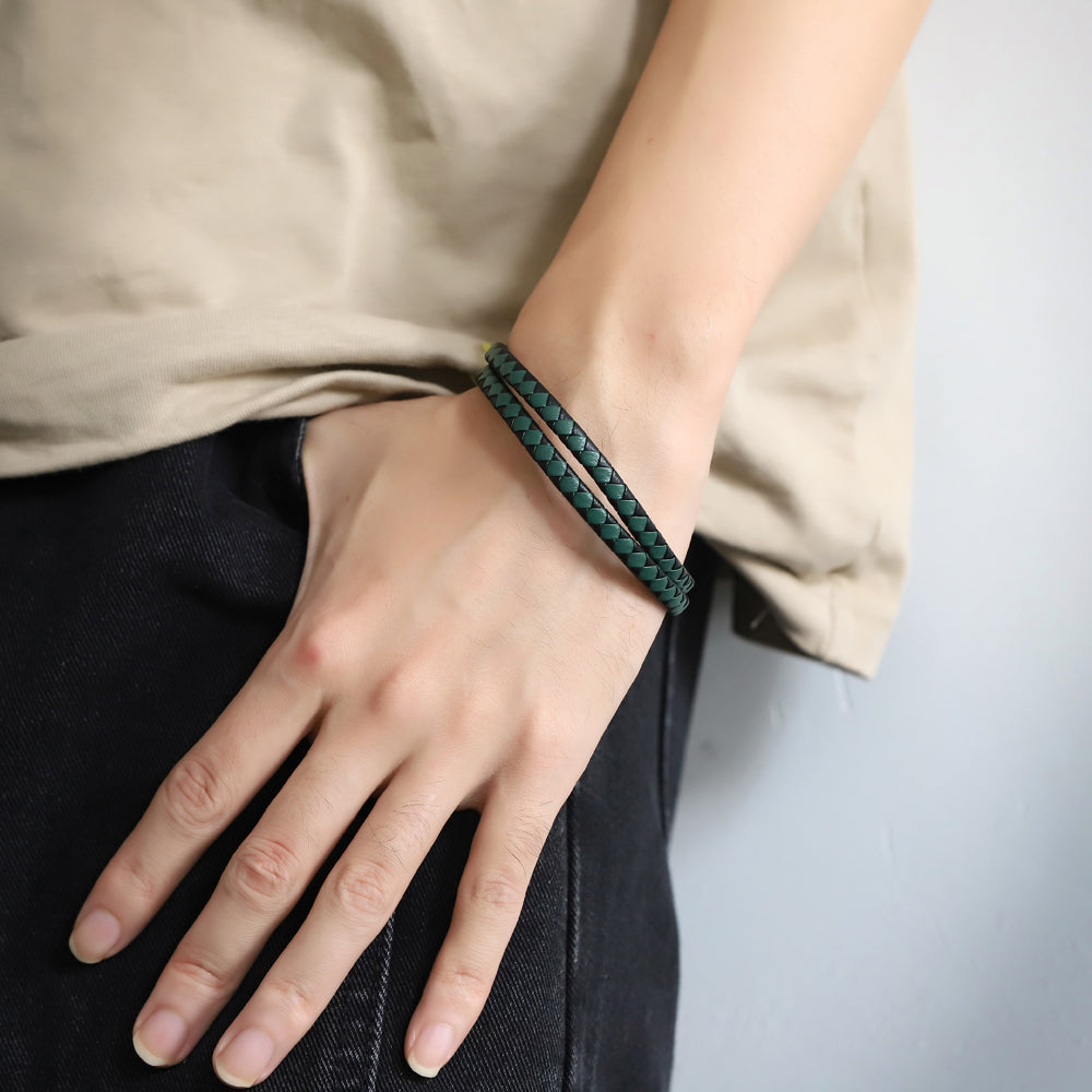 MBSS272 STAINLESS STEEL DOUBLE BRAIDED LEATHER BRACELET