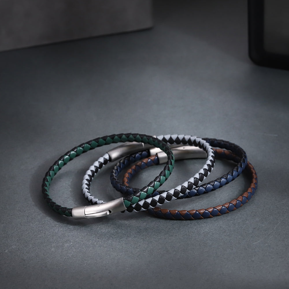 MBSS273 STAINLESS STEEL BRAIDED LEATHER BRACELET