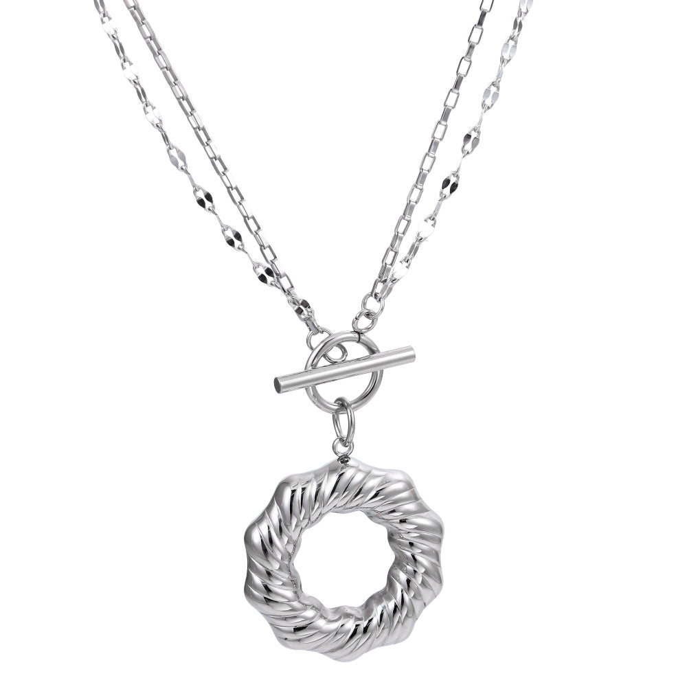 MNSS54 STAINLESS STEEL T-BAR NECKLACE WITH TWISTED ROUND HOLLOW CHARM