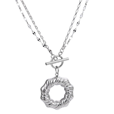 MNSS54 STAINLESS STEEL T-BAR NECKLACE WITH TWISTED ROUND HOLLOW CHARM