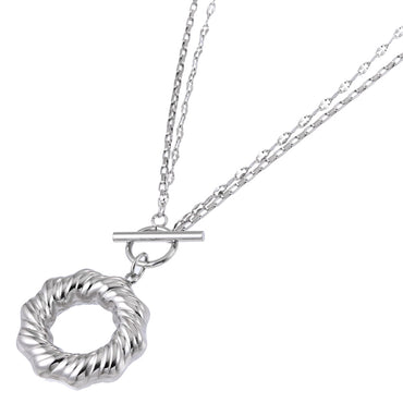 MNSS54 STAINLESS STEEL T-BAR NECKLACE WITH TWISTED ROUND HOLLOW CHARM