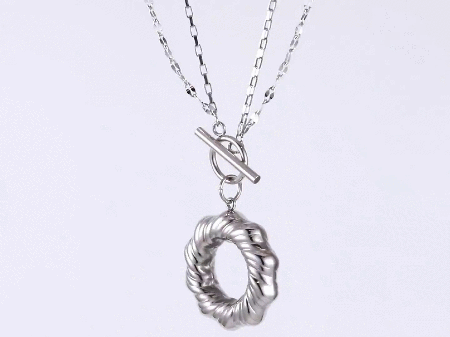 MNSS54 STAINLESS STEEL T-BAR NECKLACE WITH TWISTED ROUND HOLLOW CHARM