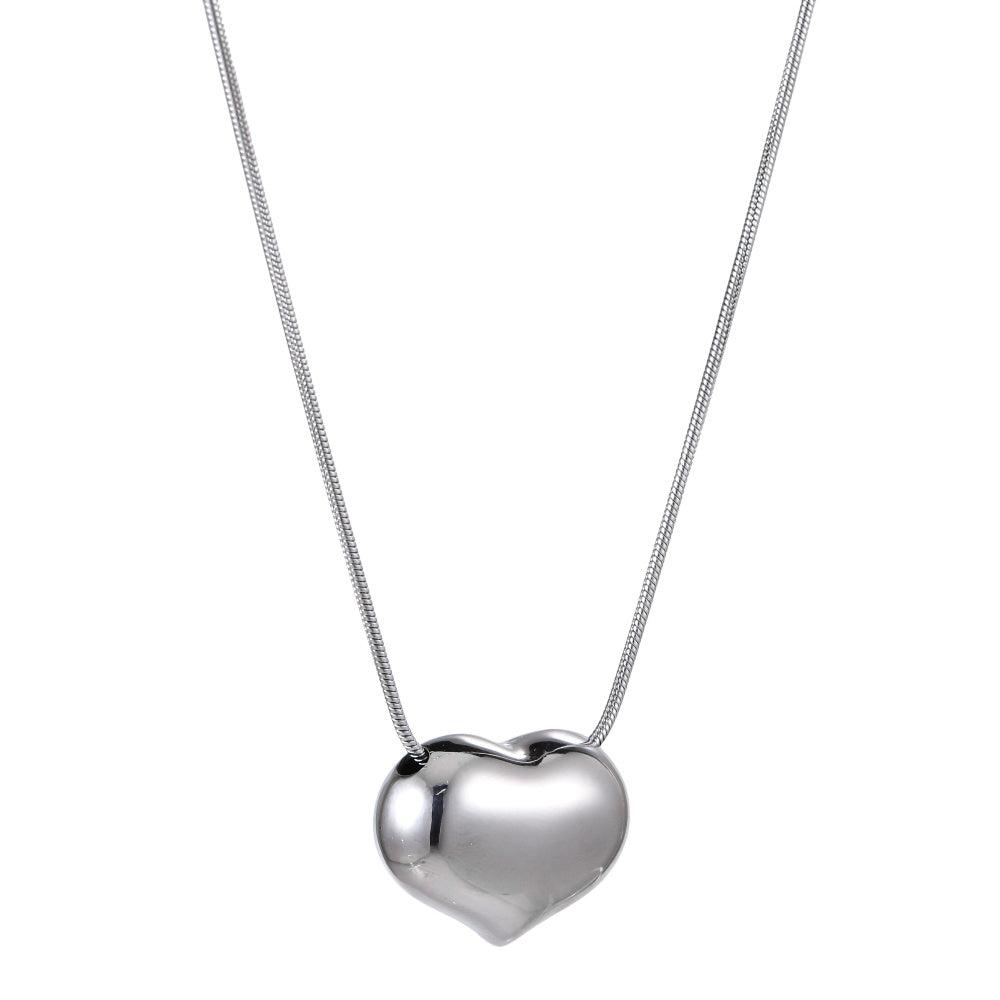 MNSS56 STAINLESS STEEL NECKLACE CHUNKEY HEART PENDANT AND ROUND SNAKE CHAIN