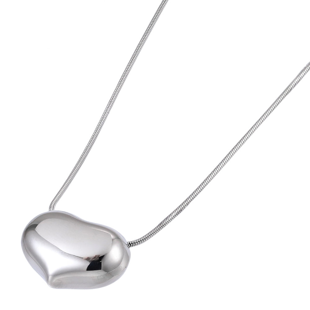MNSS56 STAINLESS STEEL NECKLACE CHUNKEY HEART PENDANT AND ROUND SNAKE CHAIN