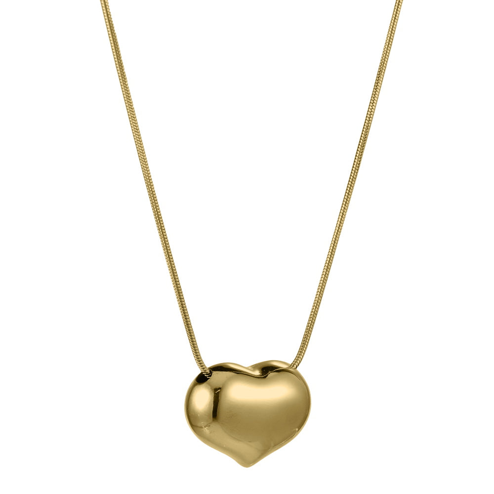 MNSS56 STAINLESS STEEL NECKLACE CHUNKEY HEART PENDANT AND ROUND SNAKE CHAIN