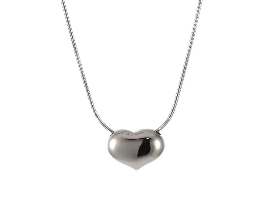 MNSS56 STAINLESS STEEL NECKLACE CHUNKEY HEART PENDANT AND ROUND SNAKE CHAIN