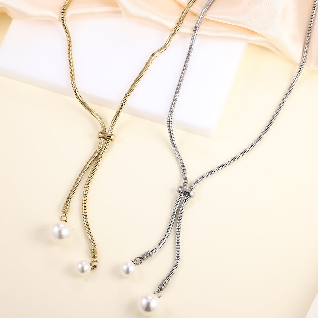 MNSS59 STAINLESS STEEL ROUND SNAKE CHAIN WITH SHELL PEARL