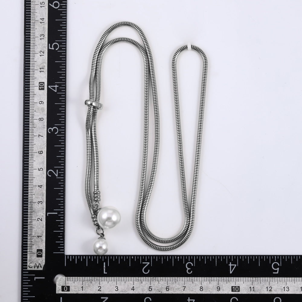 MNSS59 STAINLESS STEEL ROUND SNAKE CHAIN WITH SHELL PEARL