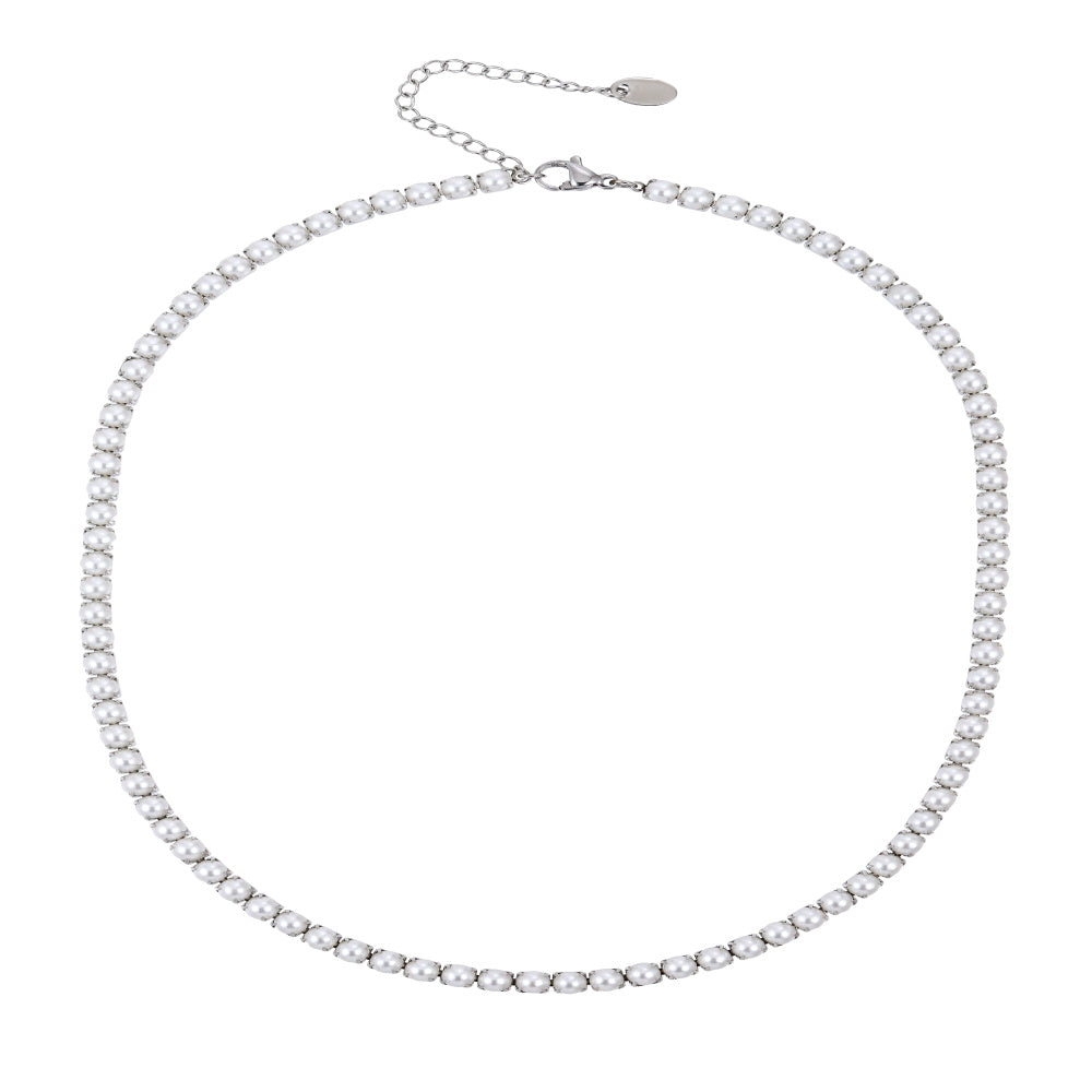 MNSS66 STAINLESS STEEL TENNIS NECKLACE WITH SHELL PEARL