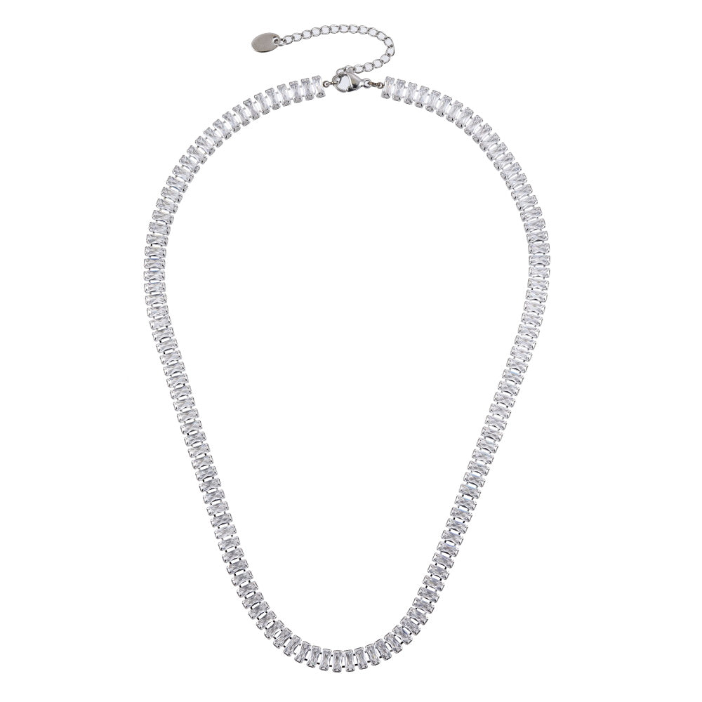 MNSS71 STAINLESS STEEL TENNIS NECKLACE WITH BAGUETTE CZ