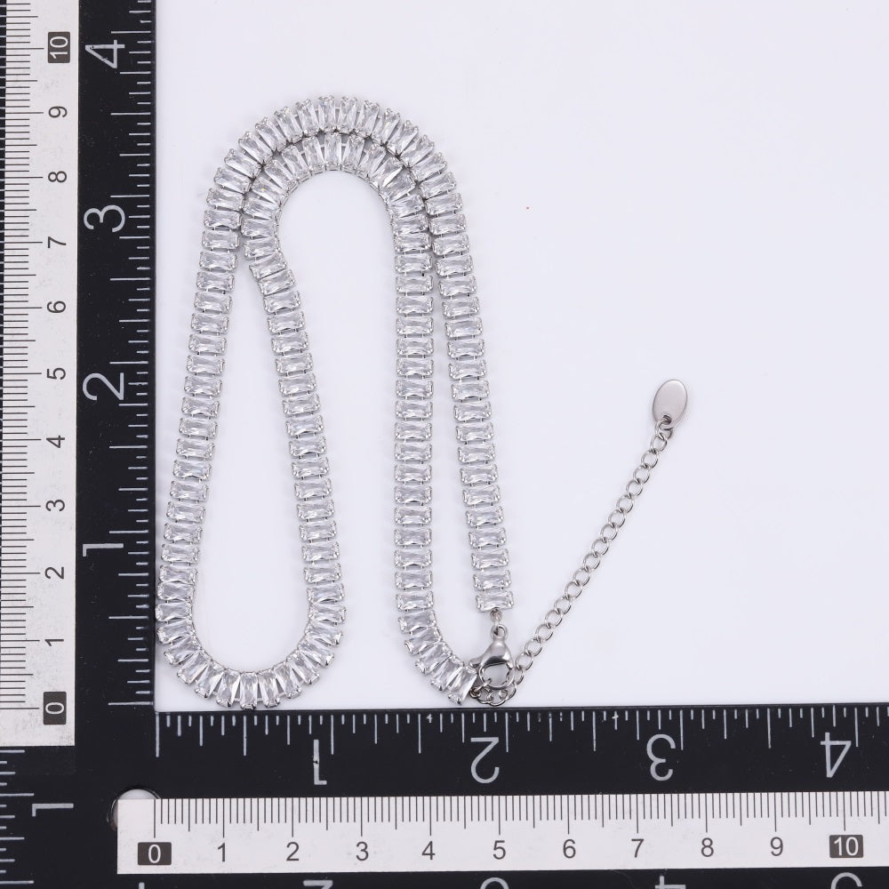 MNSS71 STAINLESS STEEL TENNIS NECKLACE WITH BAGUETTE CZ
