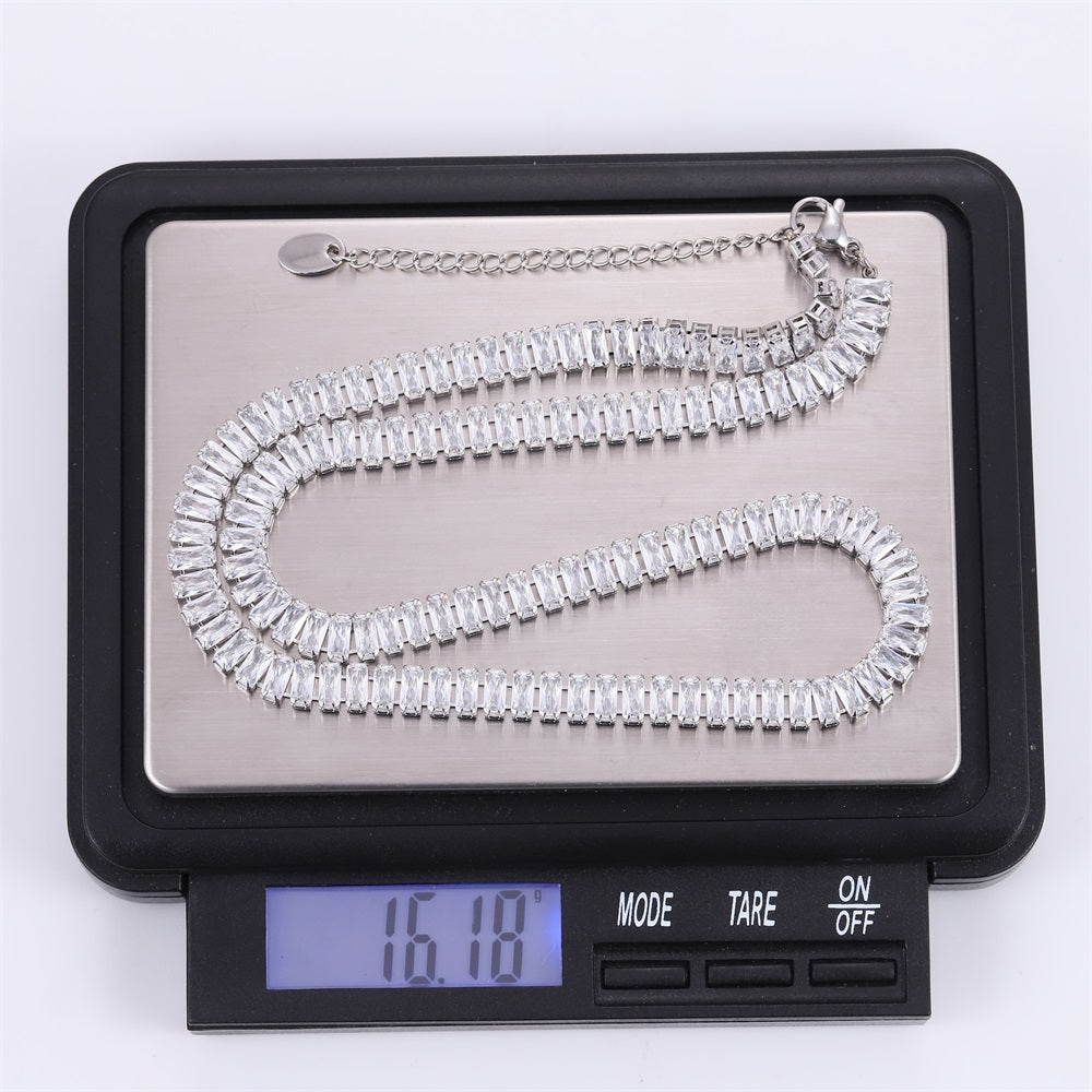 MNSS71 STAINLESS STEEL TENNIS NECKLACE WITH BAGUETTE CZ