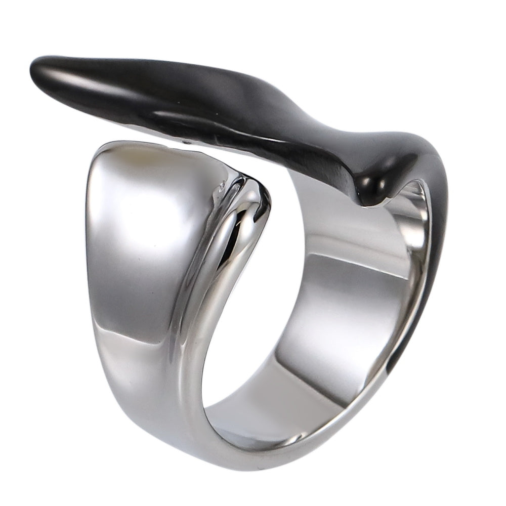 AAB stainless steel ring in silver and black tone with modern curved shape, custom unisex jewelry supplier
