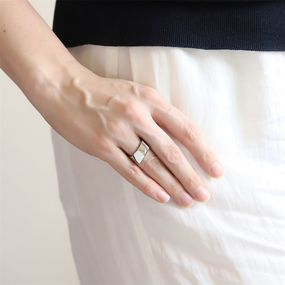 AAB geometric stainless steel ring in polished silver finish, square shape modern design, OEM ODM custom jewelry manufacturer