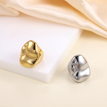 AAB rock surface stainless steel ring in polished gold finish, organic textured style, unisex custom jewelry supplier