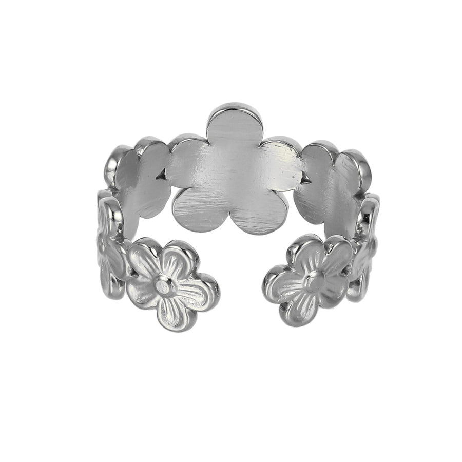 MRSS21 STAINLESS STEEL ADJUSTABLE FLOWER OPEN RING
