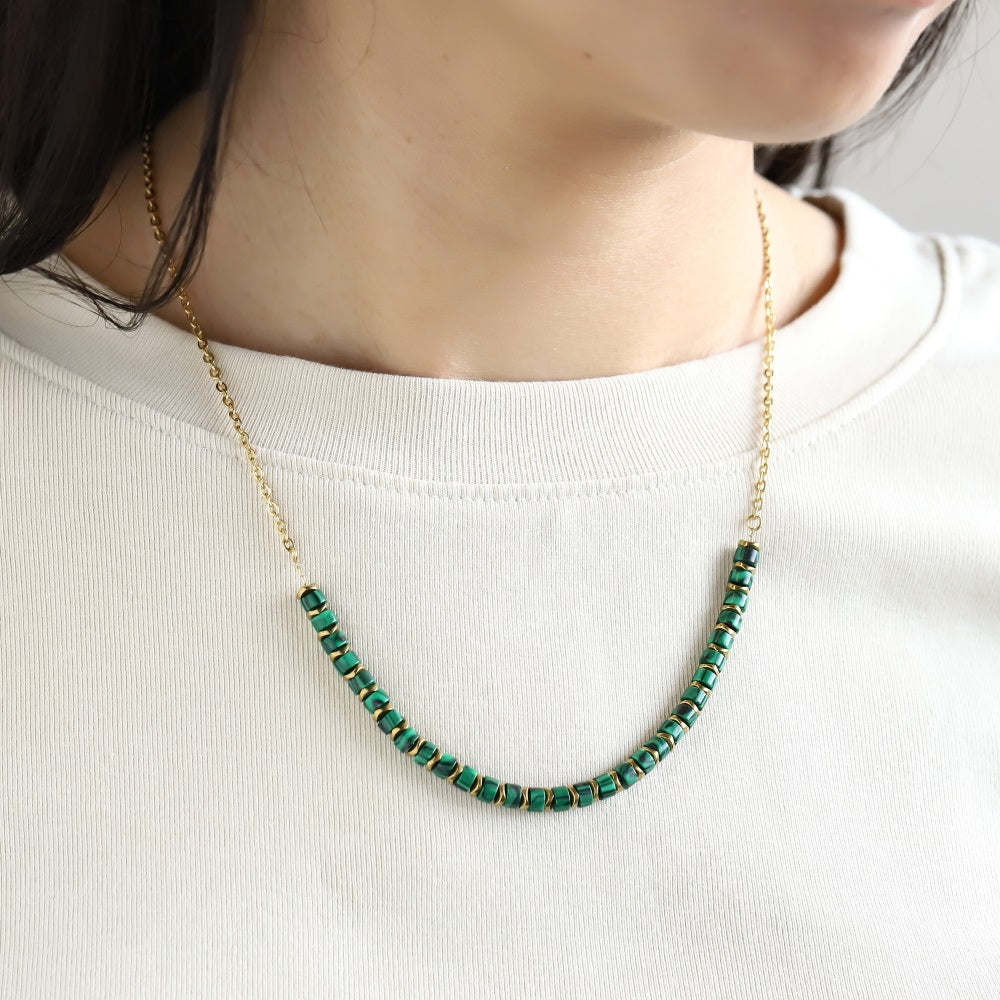 NSS1014 STAINLESS STEEL & HEMATITE BEADS NECKLACE WITH STONE