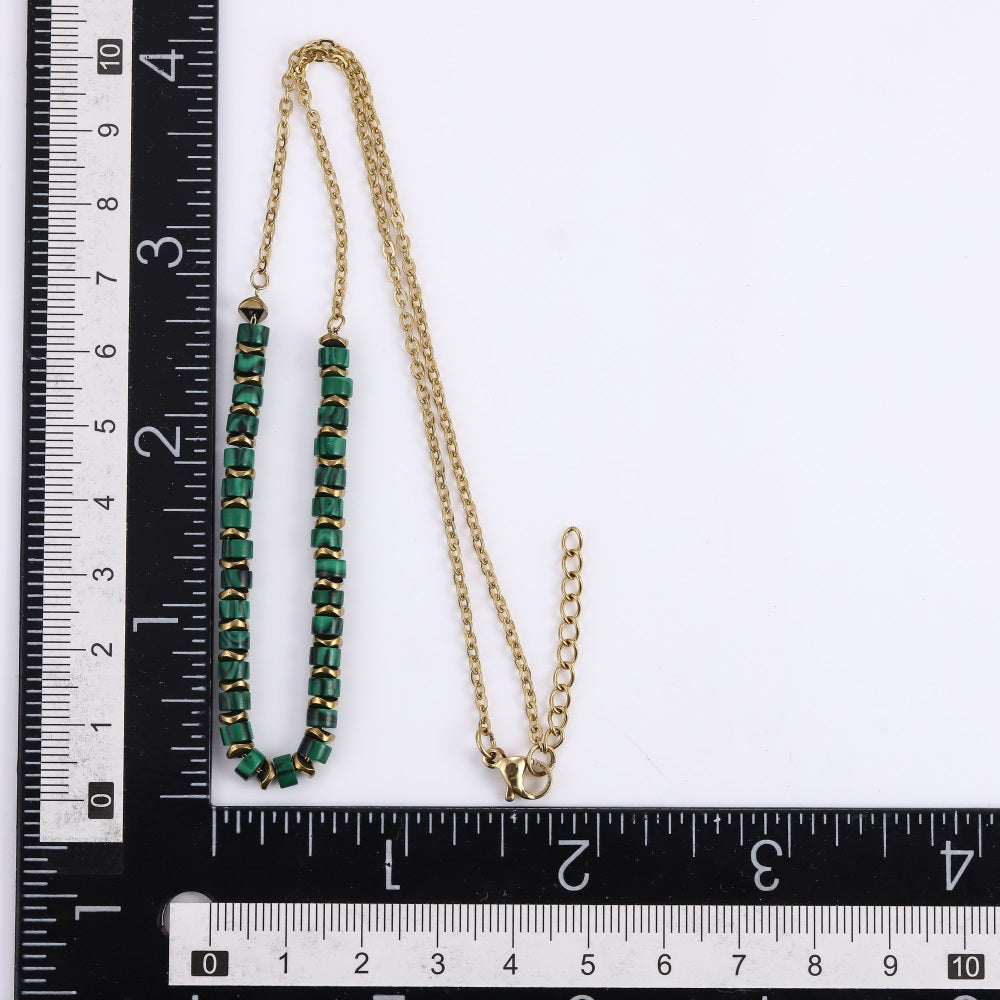 NSS1014 STAINLESS STEEL & HEMATITE BEADS NECKLACE WITH STONE