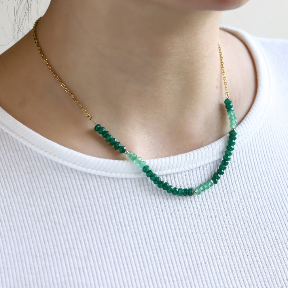 NSS1015 STAINLESS STEEL BEADS NECKLACE WITH DYED QUARTZITE IMITATION JADE
