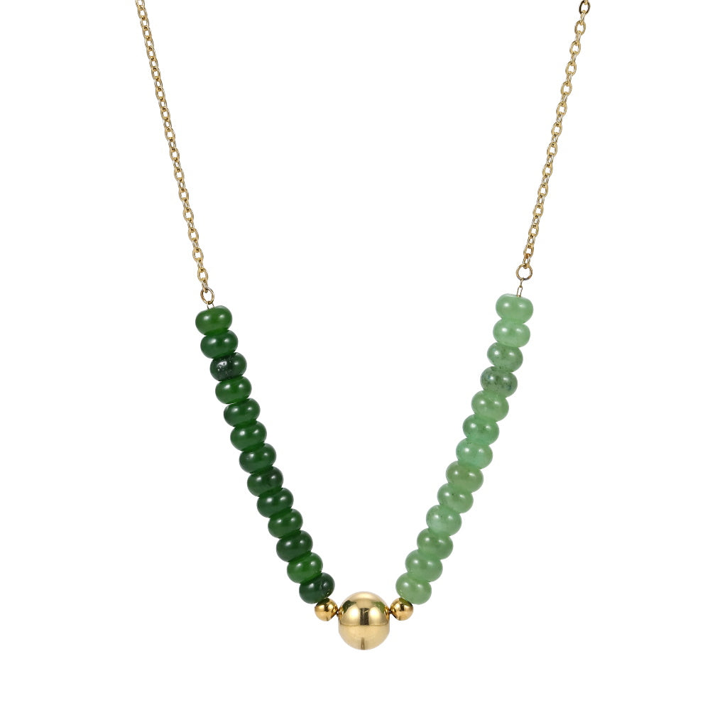 AAB Co stainless steel beads necklace with dyed quartzite imitation jade and natural green aventurine, 14K gold finish