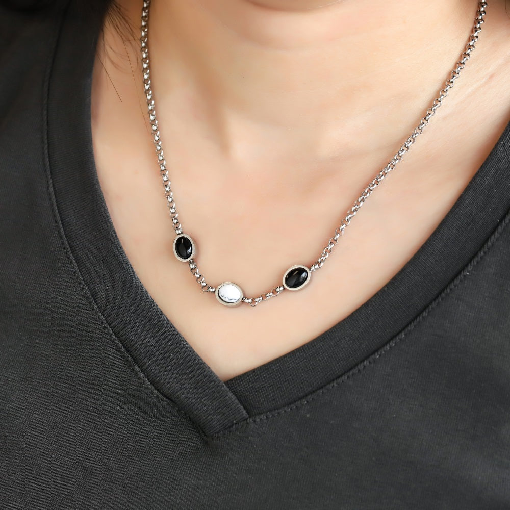 AAB stainless steel necklace with natural black onyx and synthetic white turquoise, OEM ODM jewelry