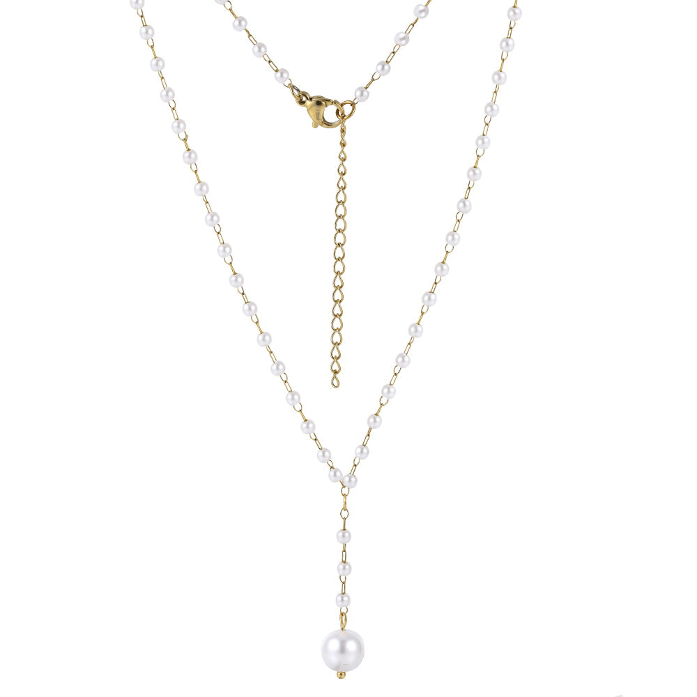 NSS1048 STAINLESS STEEL NECKLACE WITH PLASTIC PEARL & SHELL PEARL