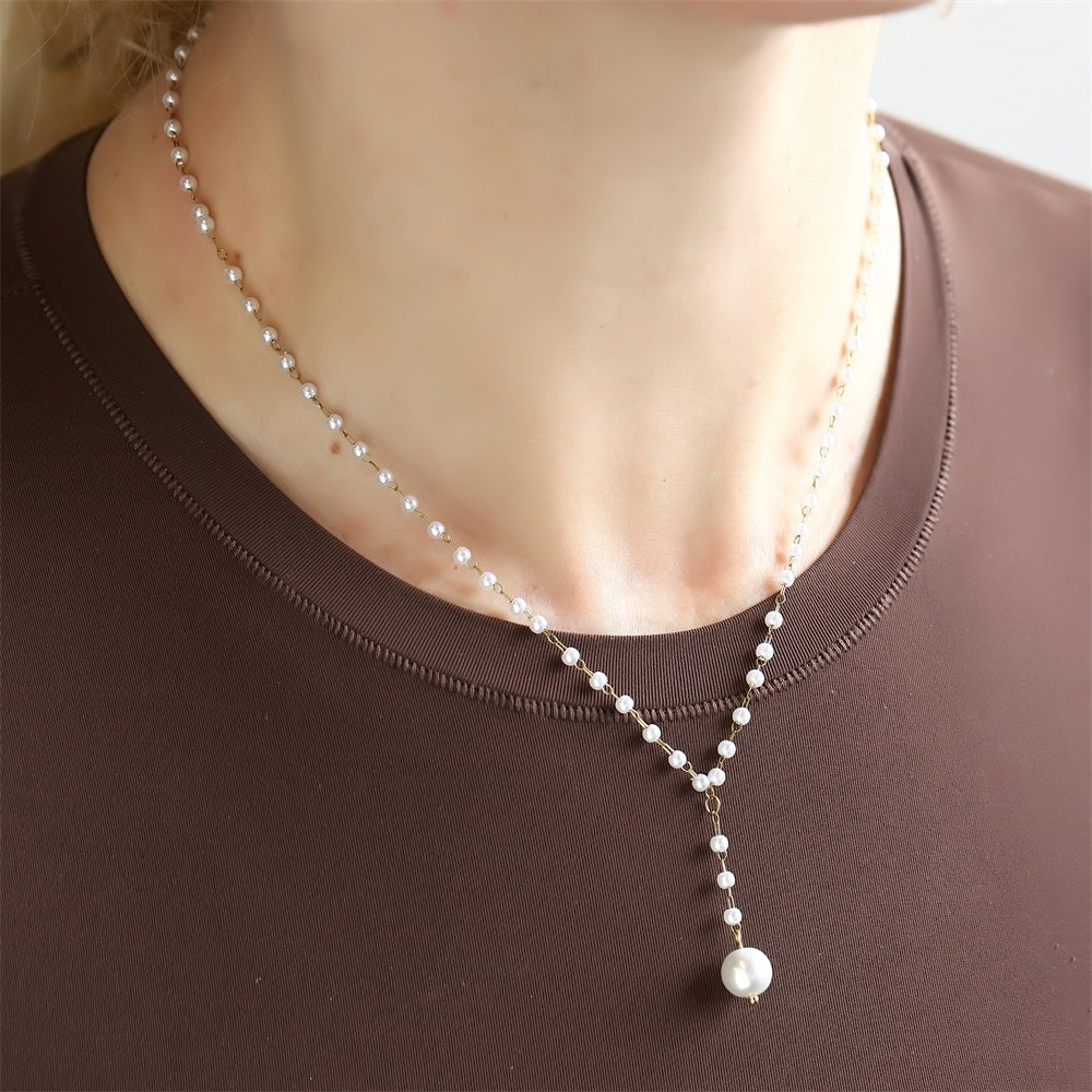 NSS1048 STAINLESS STEEL NECKLACE WITH PLASTIC PEARL & SHELL PEARL