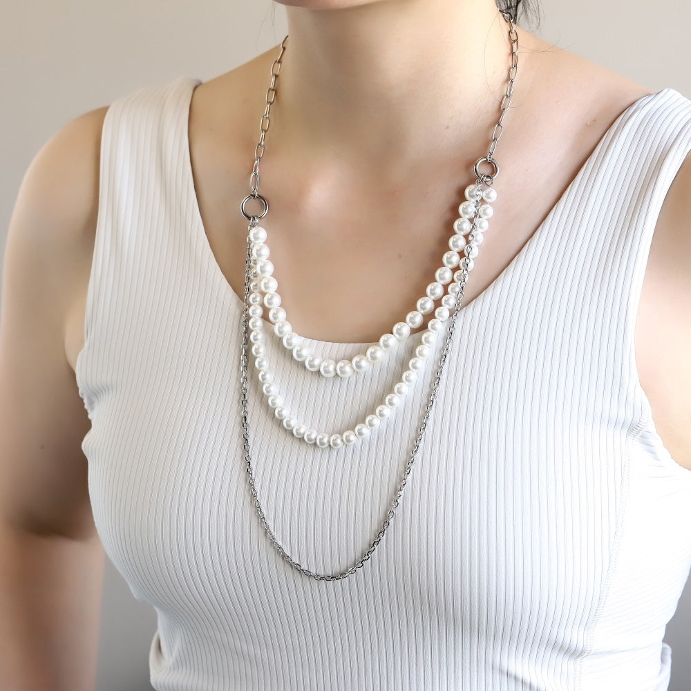 NSS1049 STAINLESS STEEL MULTI CHAIN NECKLACE WITH BEADS