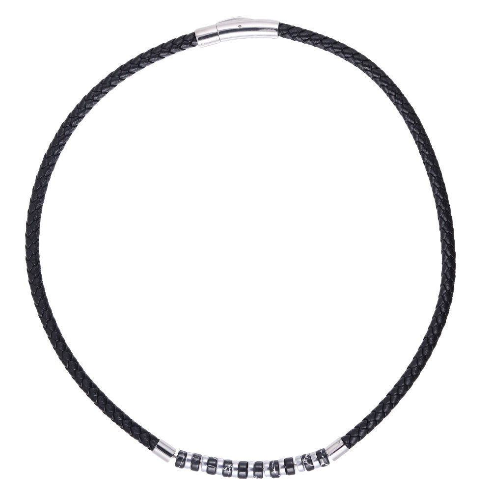 AAB Co stainless steel leather necklace with hematite and black turquoise beads