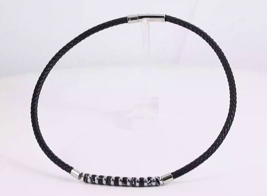 NSS1053 STAINLESS STEEL LEATHER NECKLACE WITH HESHI BEADS & HEMATITE