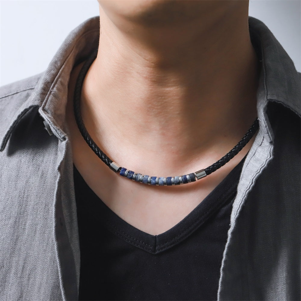 NSS1053 STAINLESS STEEL LEATHER NECKLACE WITH HESHI BEADS & HEMATITE