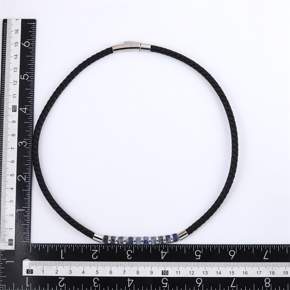 NSS1053 STAINLESS STEEL LEATHER NECKLACE WITH HESHI BEADS & HEMATITE