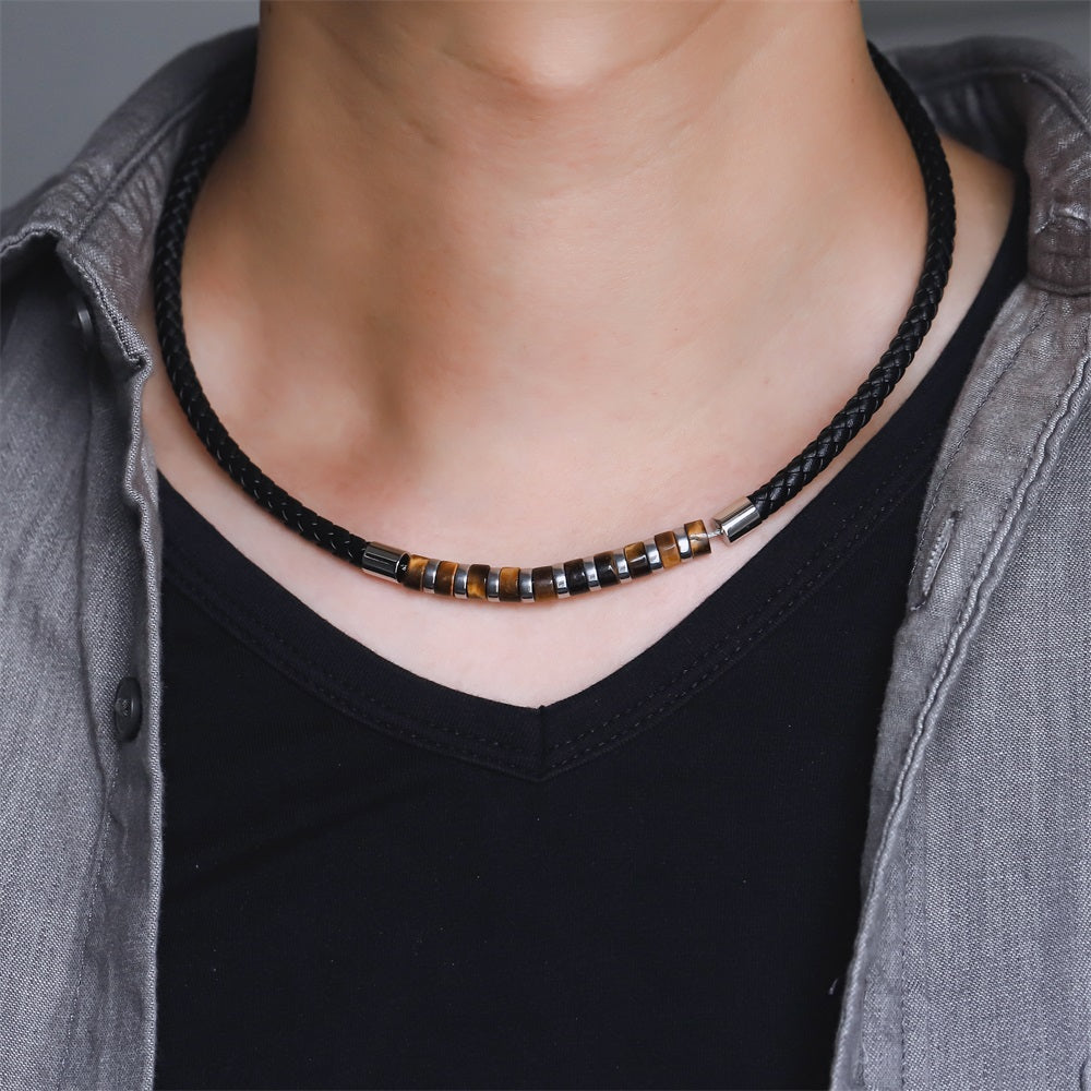 NSS1053 STAINLESS STEEL LEATHER NECKLACE WITH HESHI BEADS & HEMATITE