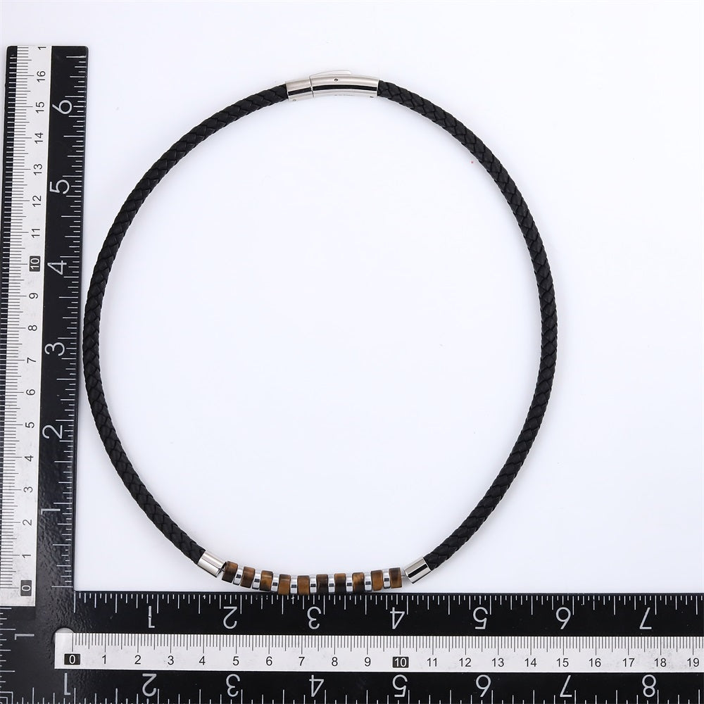 NSS1053 STAINLESS STEEL LEATHER NECKLACE WITH HESHI BEADS & HEMATITE