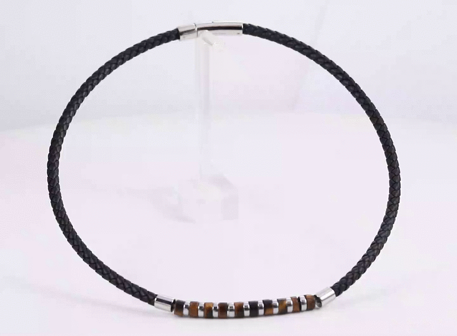 NSS1053 STAINLESS STEEL LEATHER NECKLACE WITH HESHI BEADS & HEMATITE