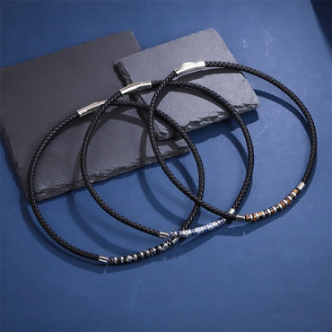 NSS1053 STAINLESS STEEL LEATHER NECKLACE WITH HESHI BEADS & HEMATITE