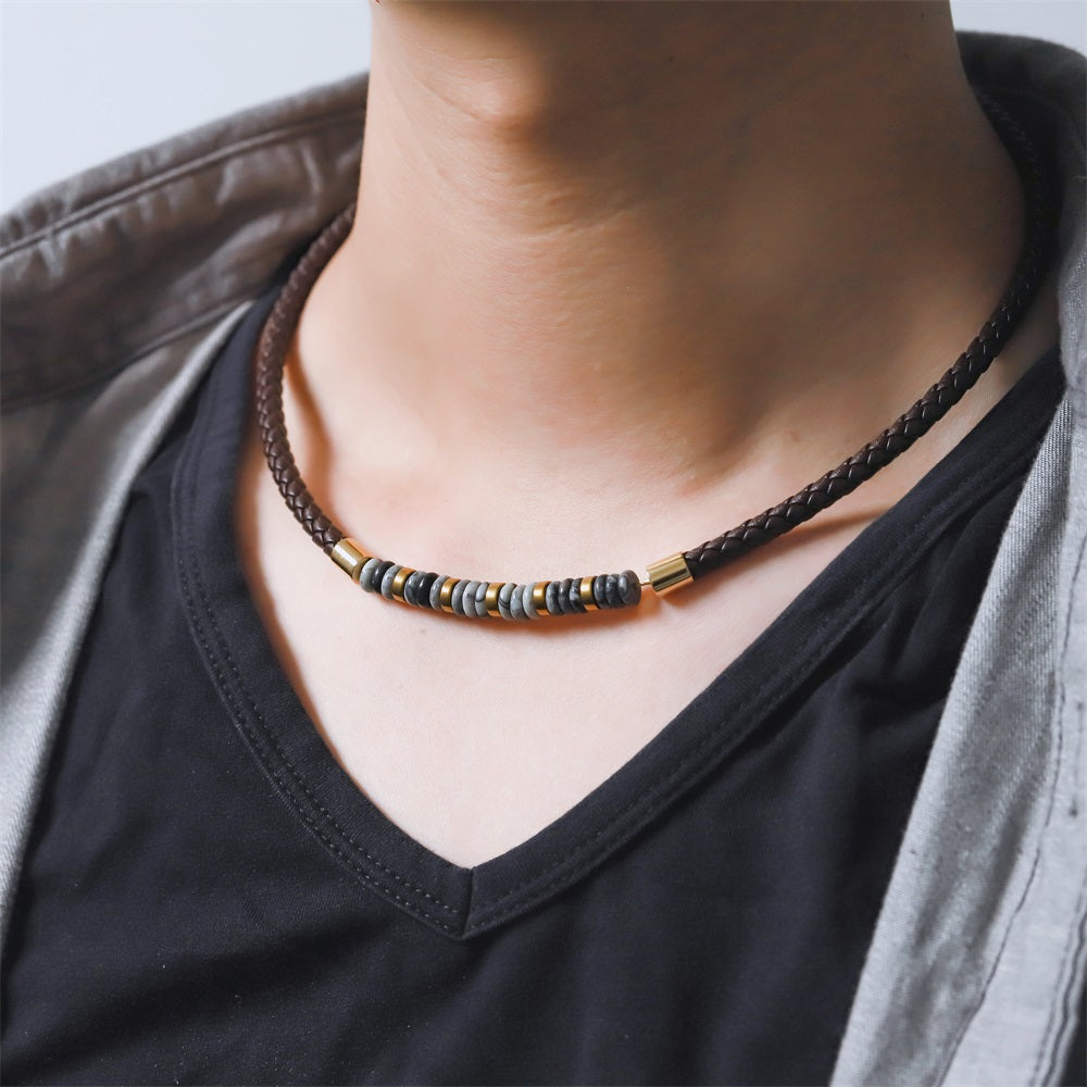 NSS1054 STAINLESS STEEL LEATHER NECKLACE WITH NATURAL BEAD & HEMATITE